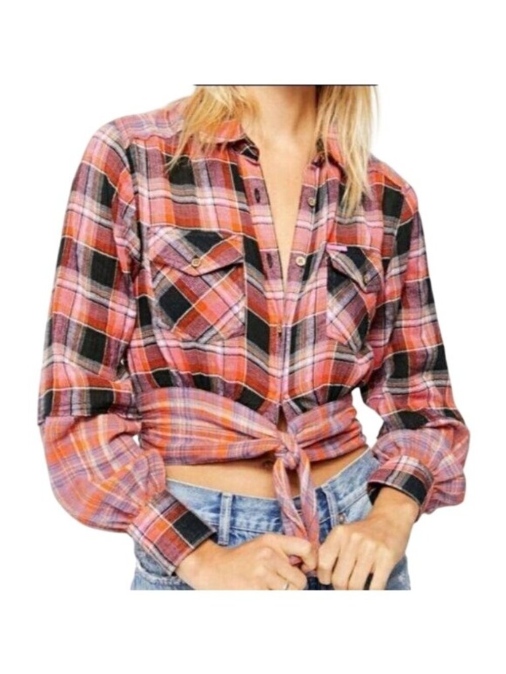 We The Free Women's M Plaid Crop Tie Waist Button Up Shirt Red Pink Western